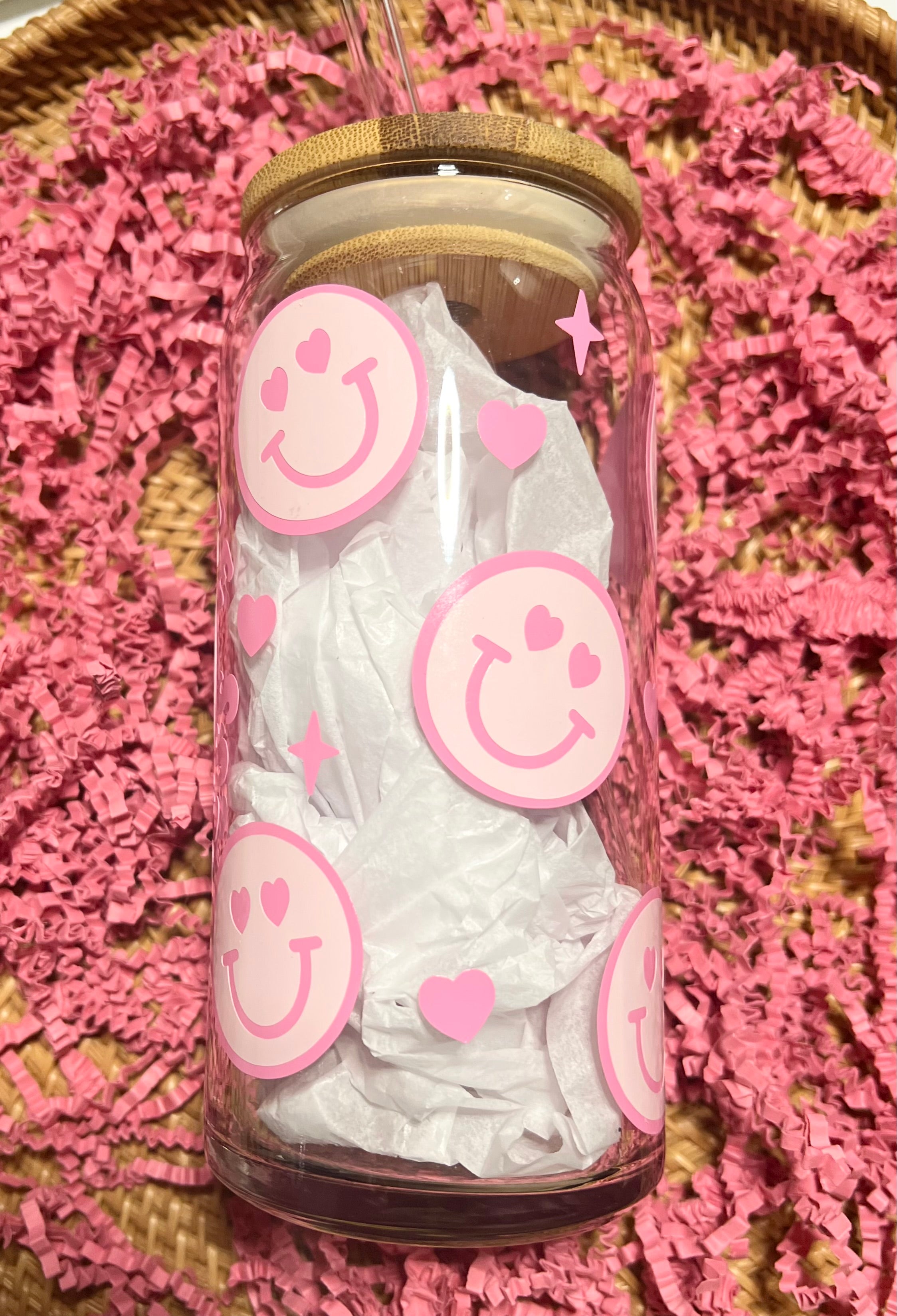 Pink Smiley Face Glass Can