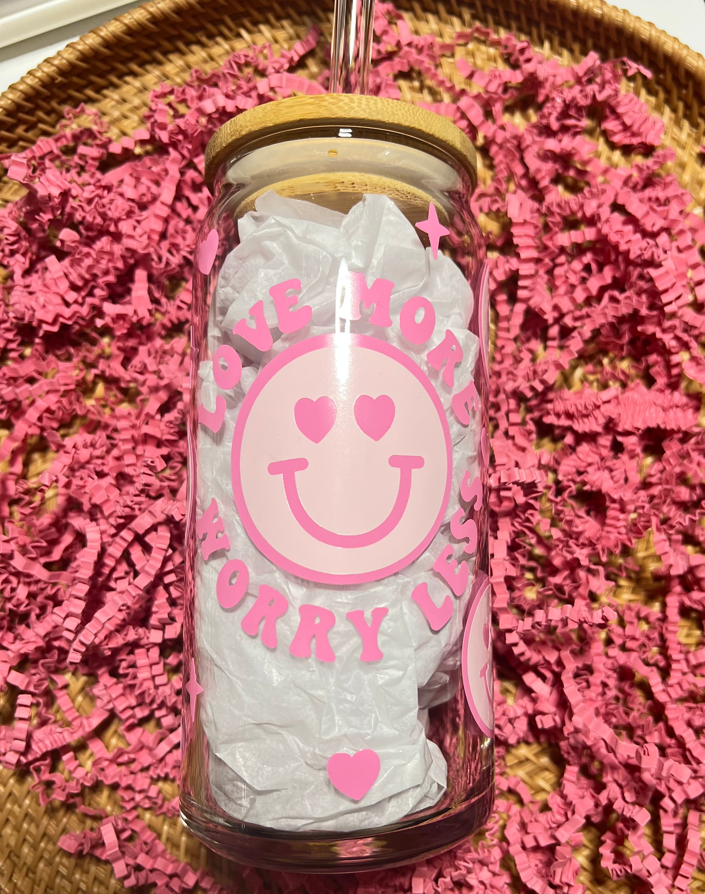 Pink Smiley Face Glass Can